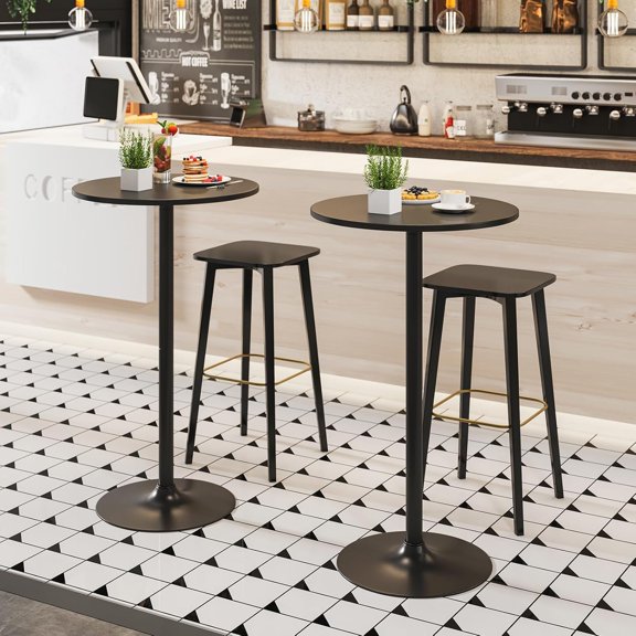 2PCS 2-in-1 Convertible Bar Table Set with Detachable Pole, Heavy-Duty Metal Base, 24 Inch Round Top, 40/22 Inch Height Adjustable Cocktail Pub Table for Dining Room Restaurant Kitchen Black
