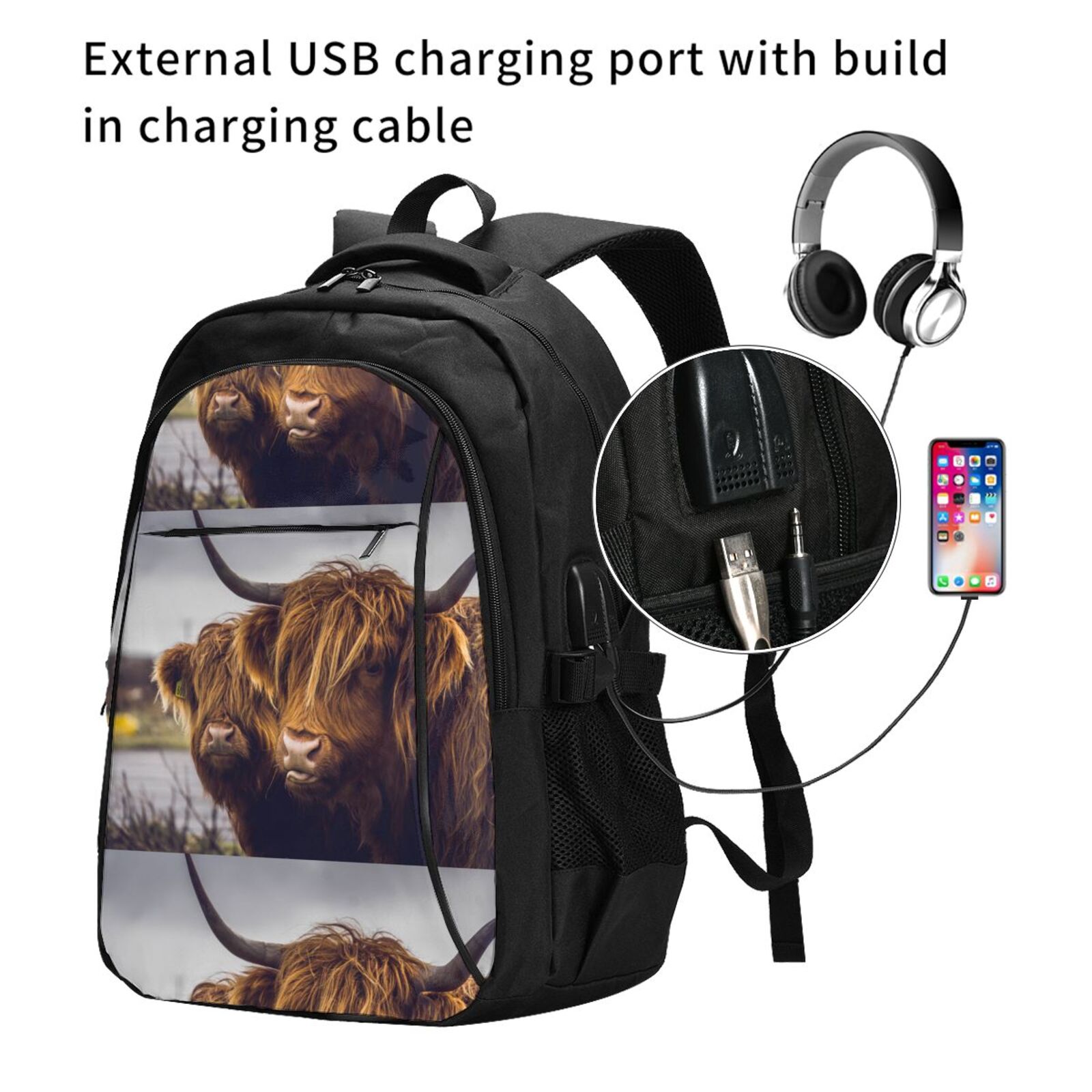 Vsdgher Portrait Of Cow With Its Baby Cow Print Travel Laptop Backpack, Laptops Backpack with USB Charging Port, Water Resistant Computer Bag Gift for Men & Women