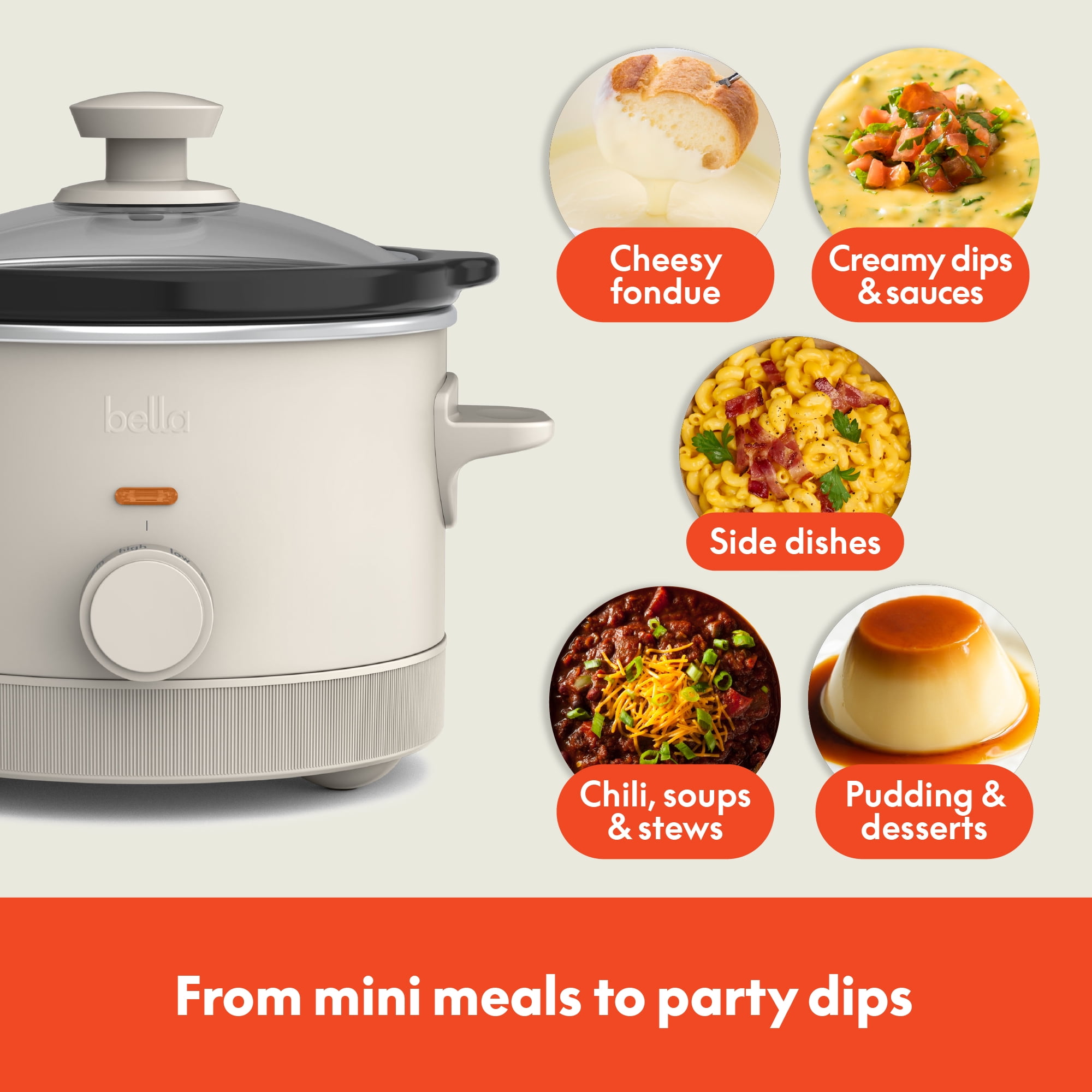 bella 1.5 Qt Manual Slow Cooker with 3 Heat Settings, Ceramic Nonstick Coating, Dishwasher Safe Pot & Tempered Glass Lid, Oatmilk