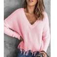 thumbnail image 2 of Women V Neck Long Sleeve Knit Sweater Fashionable Autumn Winter Off Shoulder Women Casual Loose Pullover Sweater Pink S, 2 of 6