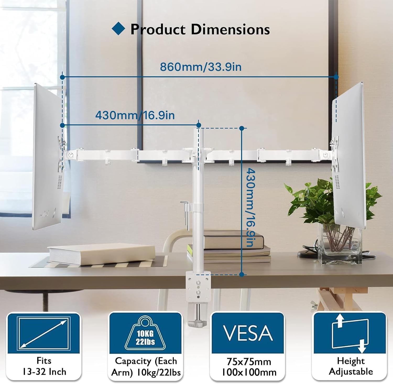 Dual Monitor Desk Mount Full Motion Adjustable White Stand for 13-27 Inch Screens Heavy Duty Arms Hold 22 lbs Each VESA 75x75/100x100 C Clamp Grommet Base  Management