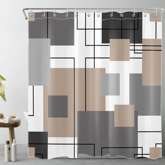 HVEST Abstract Geometric Shower Curtain, Brown Gray White Abstract Pattern Shower Curtain - Modern Geometric Bathroom Decor, Waterproof Polyester Fabric, Includes 12 Hooks, 72x72 Inches