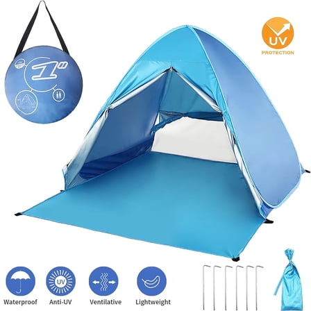 BEEPRINCESS Beach Tent, Anti-UV Pop Up Sun Shelter Beach Tent With Carry Bag for 2-3 Person, Lightweight & Easy Setup Beach Tent, Blue