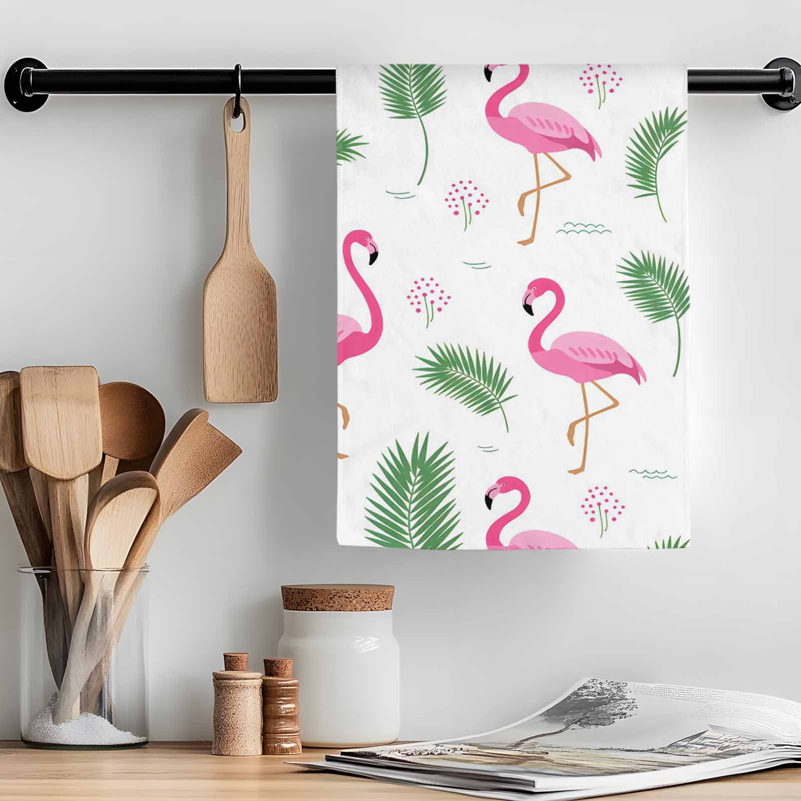 Pink Flamingos Kitchen Towel Dish Cloths Set of 2, Microfiber Soft Kitchen Hand Towels, Summer Green Tropical Palm Leaves Absorbent Quick Drying Dishcloths 18 x 28 Inches