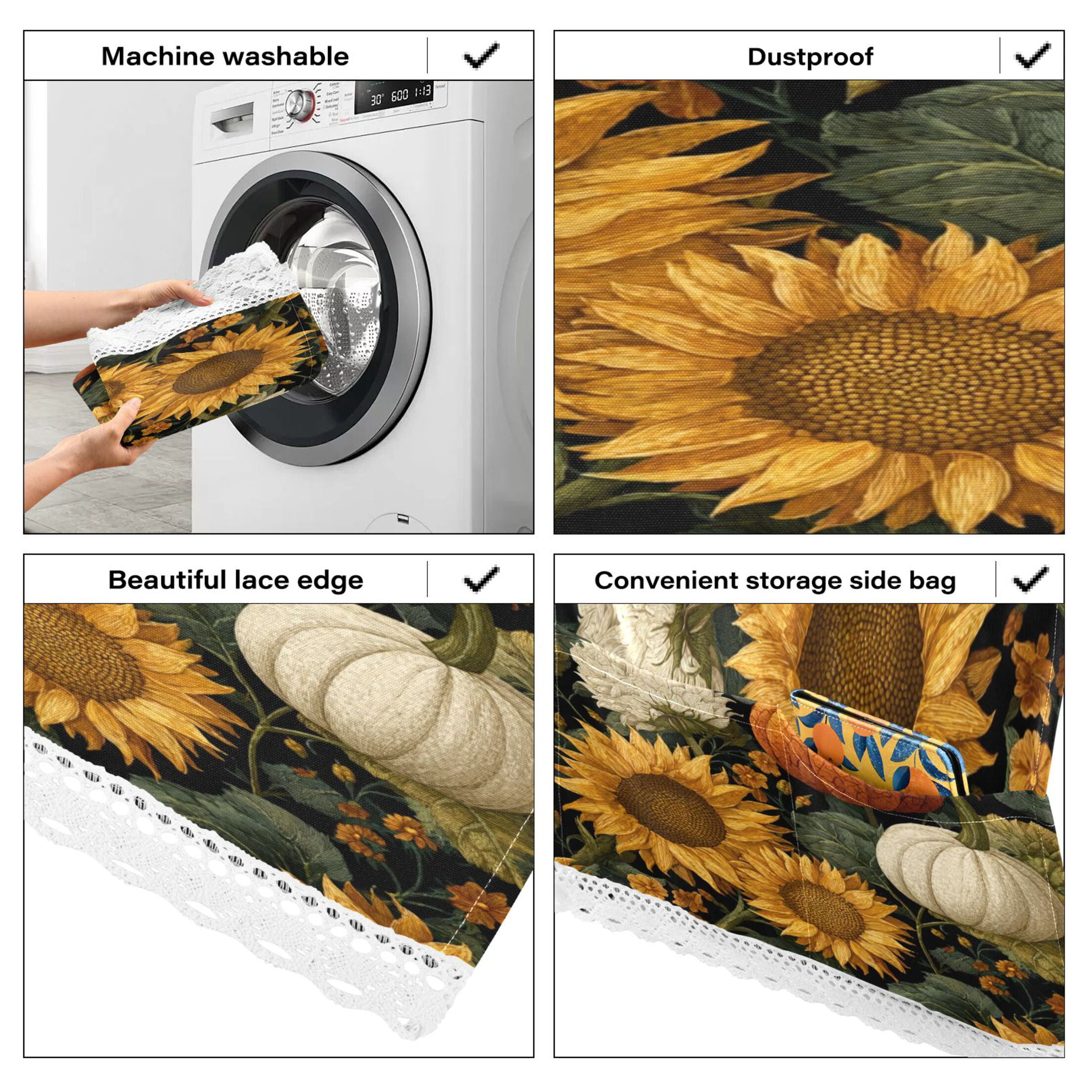 Dustproof Washing Machine Cloth Washer and Dryer Top Covers, Fridge Dust Cover, With Storage Bags Pumpkins and Sunflowers Pattern