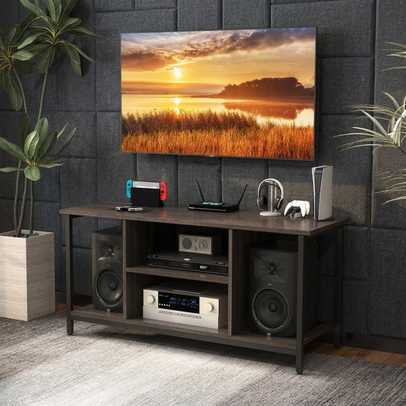 Furnibear 3 Tier TV Stand Entertainment Center with Power Outlet USB Ports and Adjustable Shelf for Living Room Media Storage, Gray