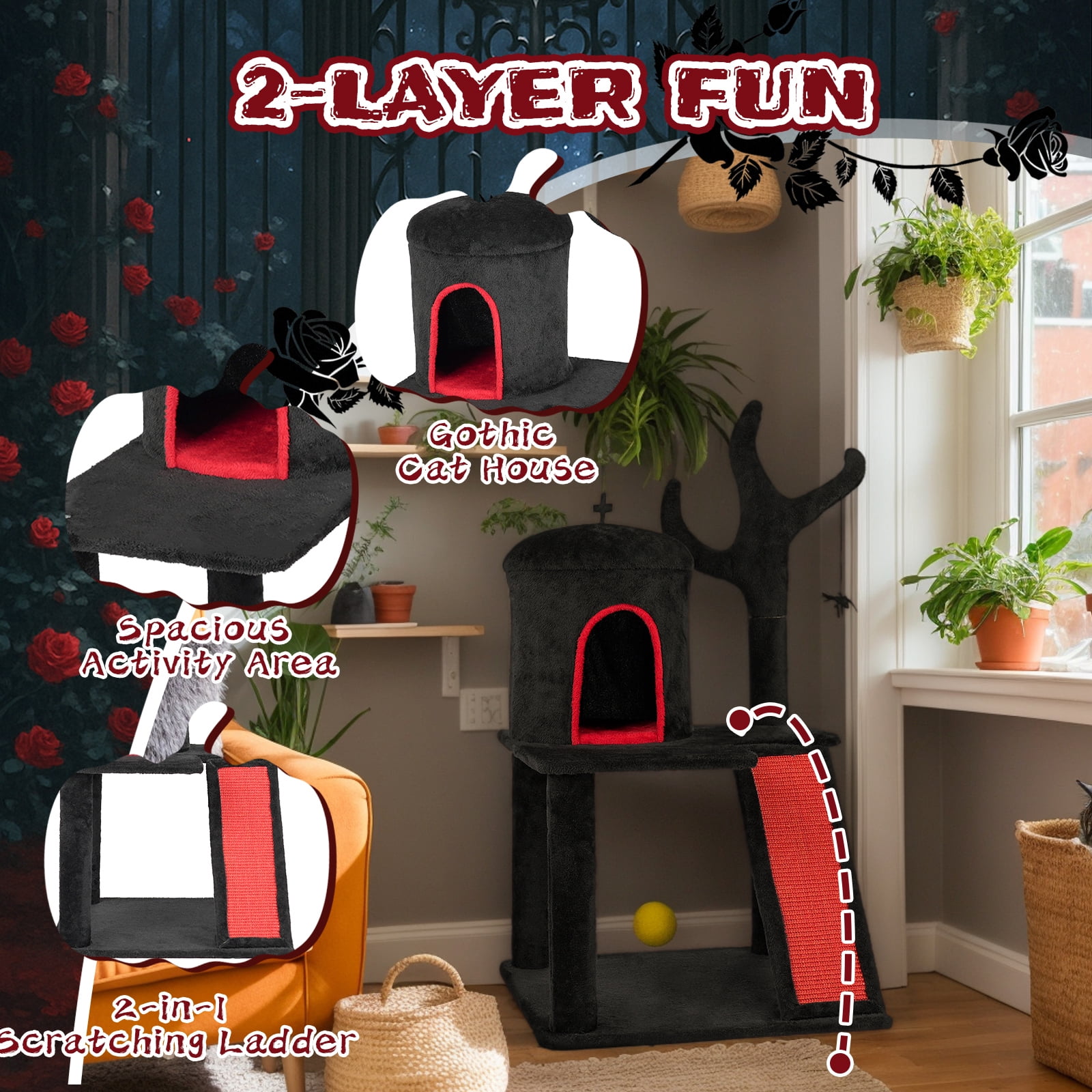 Zephypaws 42" Black Gothic Halloween Cat Tree, Indoor Cat Tower with Condo, Branch Scratching Post, Ladder & Spider Toy, Red & Black Design