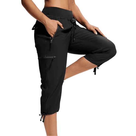 Quick-Dry Elastic Waist Cargo Capris for Women Lightweight Hiking Cropped Pants Multi-Pocket Outdoorwear