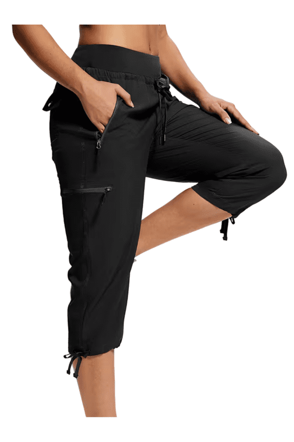 Quick-Dry Elastic Waist Cargo Capris for Women Lightweight Hiking Cropped Pants Multi-Pocket Outdoorwear