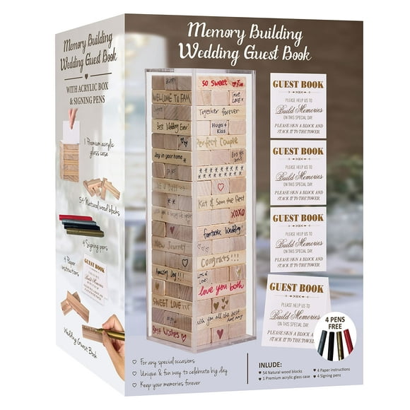 Livre d'Or de Mariage Alternative, 54 Pcs Bloc en Bois avec Boîte d'Affichage en Acrylique, Livre d'Or pour Mariage, Baby Shower, Livre d'Or pour Mariage avec 4 Panneaux en Papier et 4 Stylos de Couleur