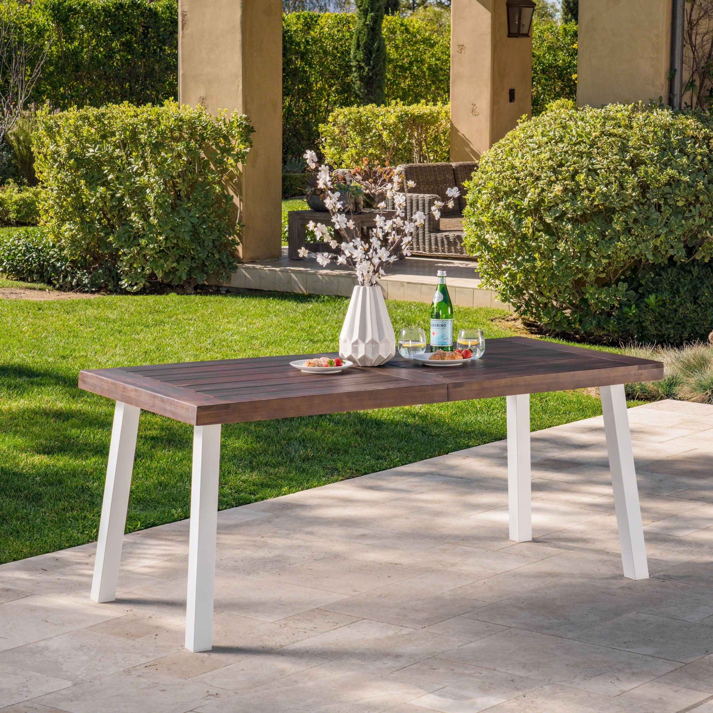 Black and Teak Finish Christopher Knight Home Tamia Outdoor 59 Acacia Wood and Iron Dining Table 