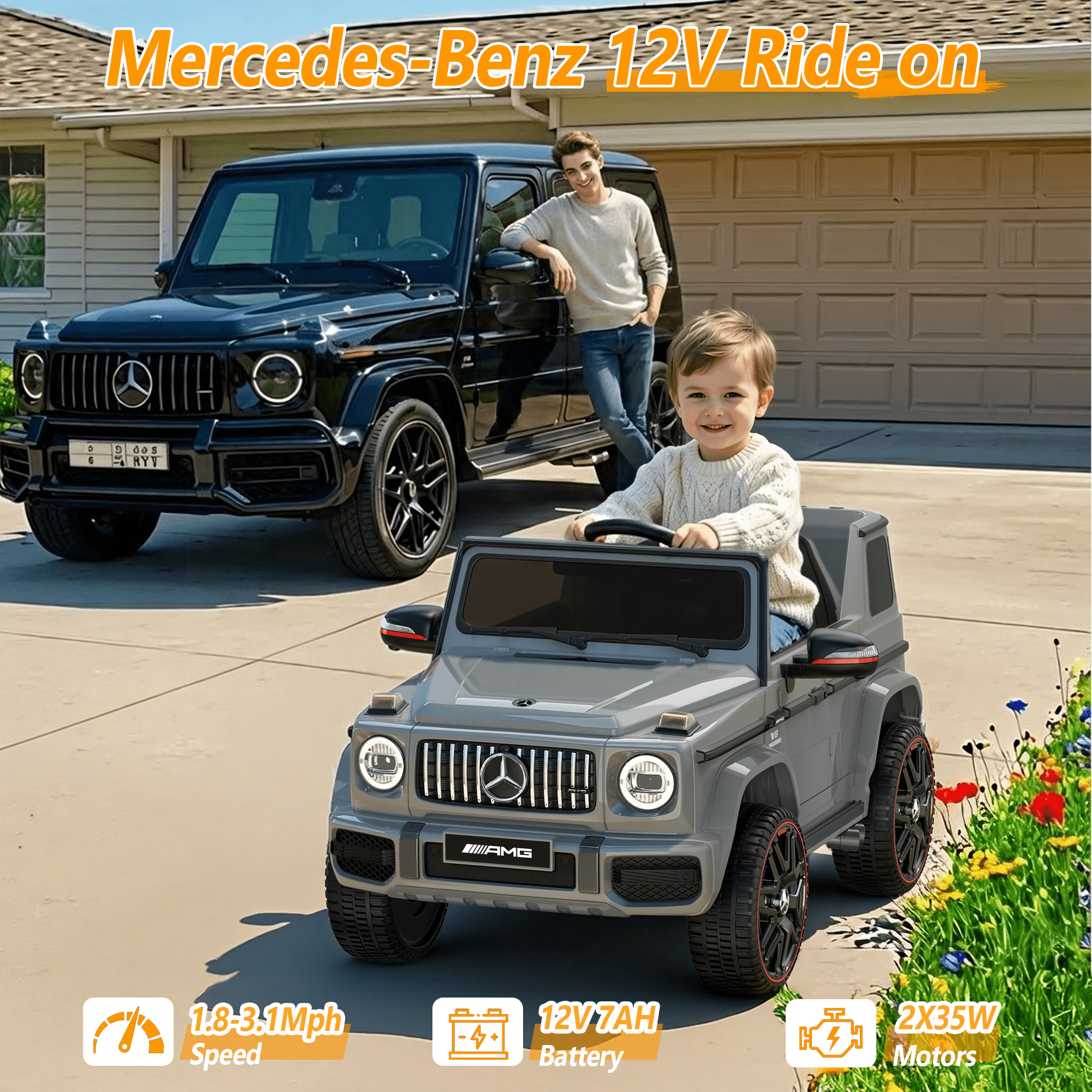East doll 12V Power Ride on Toys for Toddlers, Kid Electric Car, G63 G Wagon Licensed Mercedes-Benz with Remote Controls, Aged 2-4Y,Gray