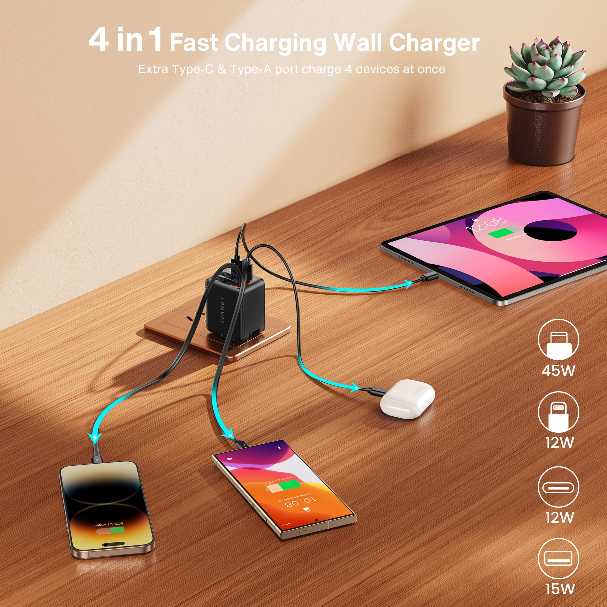 4-in-1 45W Fast Charging Retractable Wall Charger with Dual USB C Cables
