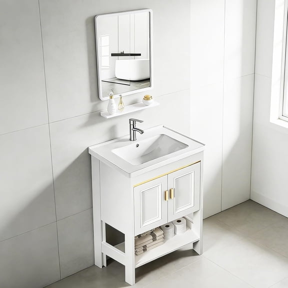 Gabinete de Baño de Lavamanos y Espejo, Armario con 2 Puertas para Baño con Estante, Grifos de Agua Caliente y Fría, Tuberías de Desag, 61 * 40 cm (Oro)