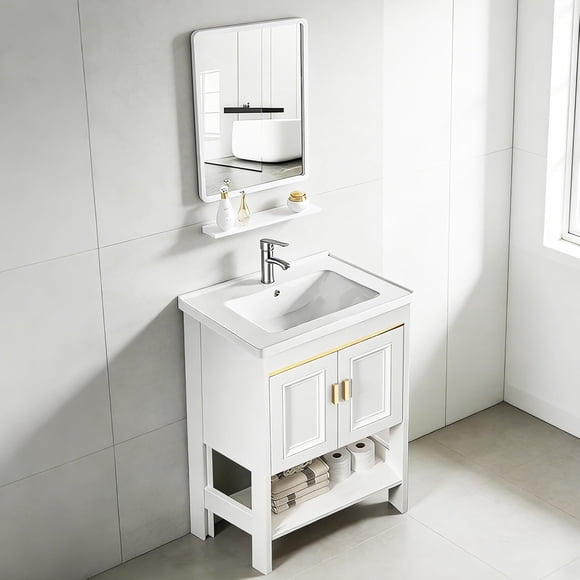 Gabinete de Baño de Lavamanos y Espejo, Armario con 2 Puertas para Baño con Estante, Grifos de Agua Caliente y Fría, Tuberías de Desag, 61 * 40 cm (Oro)