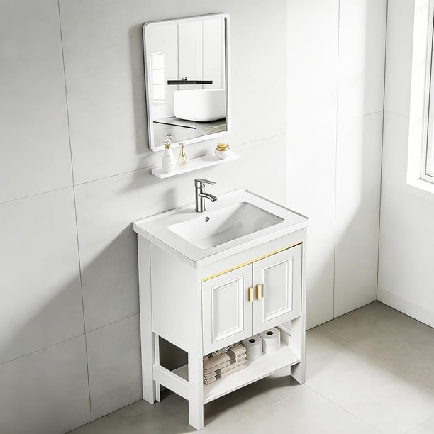 Gabinete de Baño de Lavamanos y Espejo, Armario con 2 Puertas para Baño con Estante, Grifos de Agua Caliente y Fría, Tuberías de Desag, 61 * 40 cm (Oro)