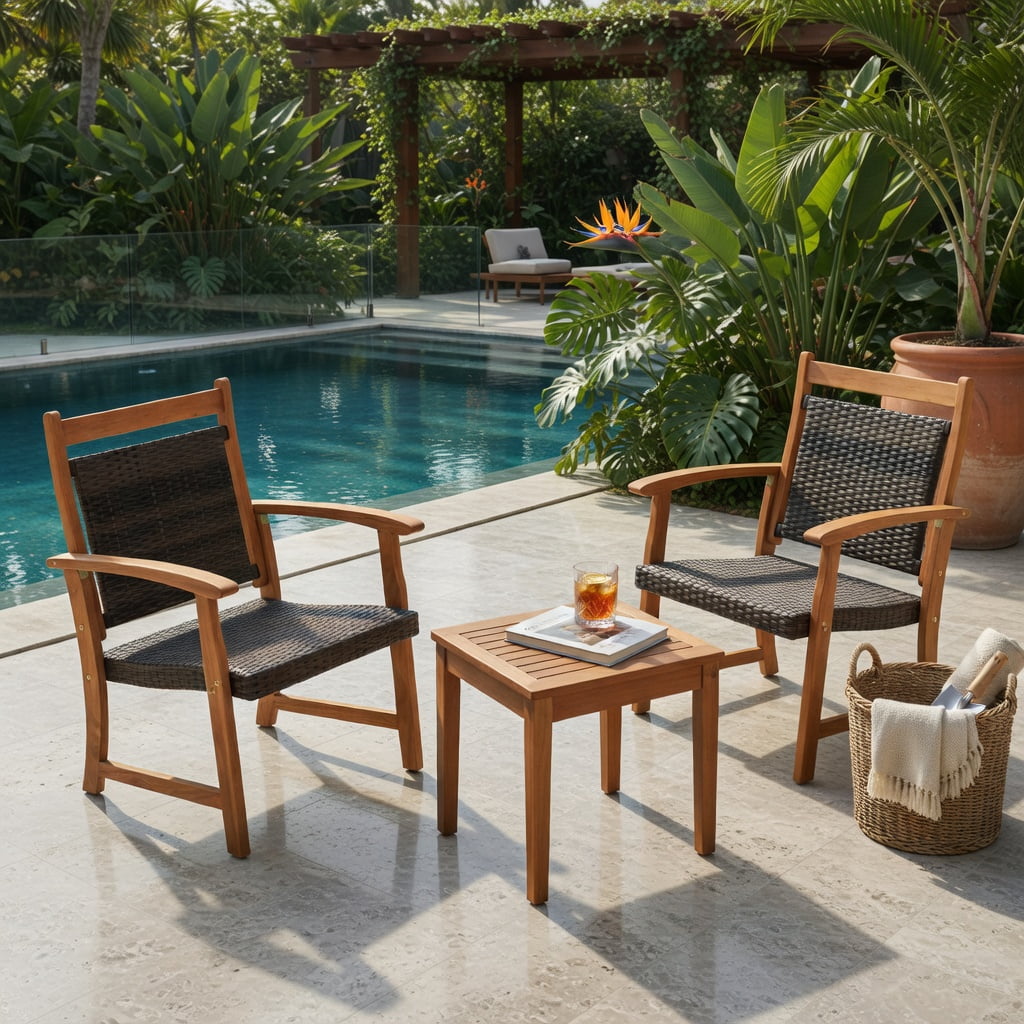 Hommoo 3-Piece Outdoor Rattan Bistro Set, 2 Acacia Wood Armchairs + Square Side Table, Rustic PE Wicker Patio Furniture for Garden, Balcony & Deck, Reddish Brown