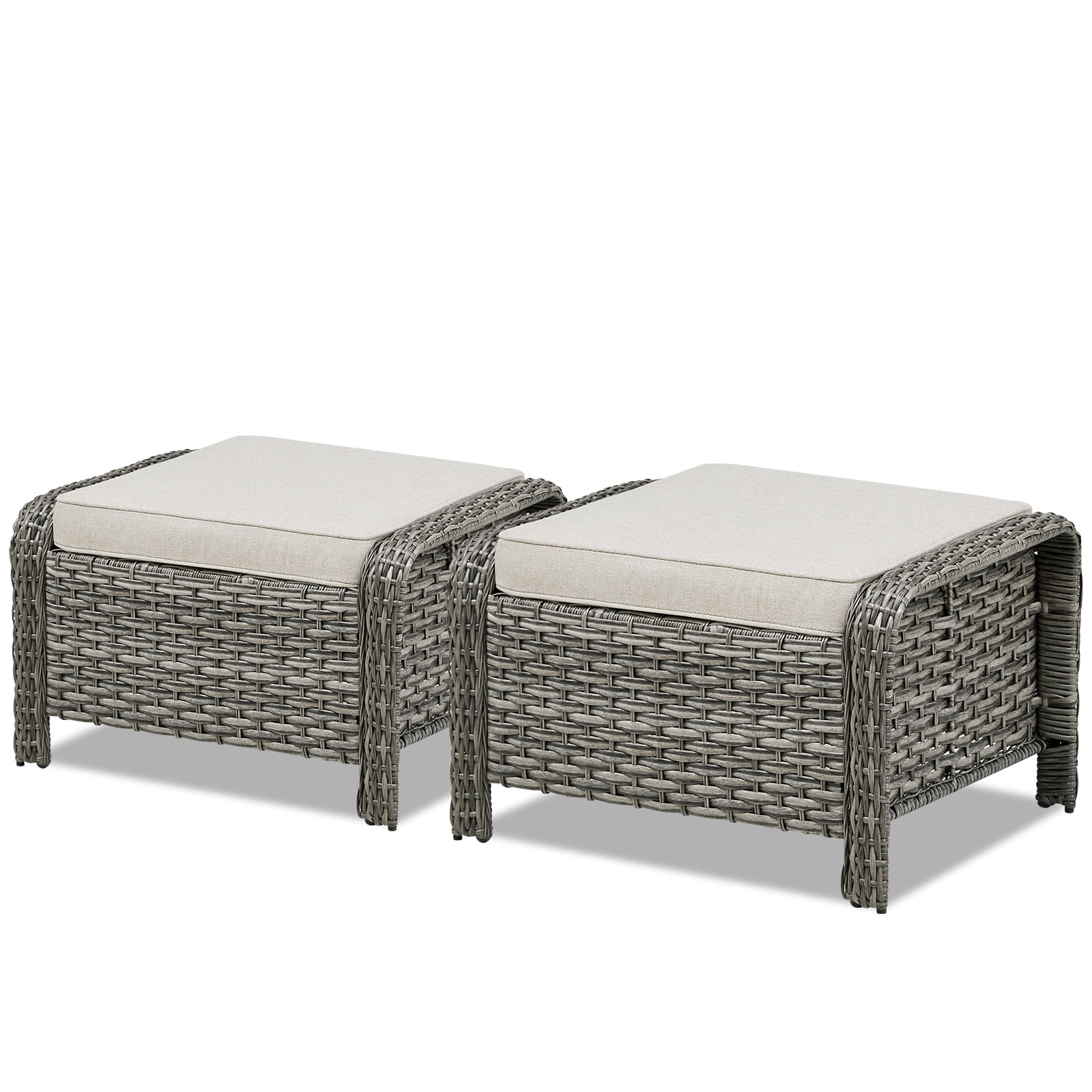 Hommoo Outdoor PE Wicker Ottomans Set of 2, Patio Rattan Footrests with Cushion for Backyard & Deck, Gray