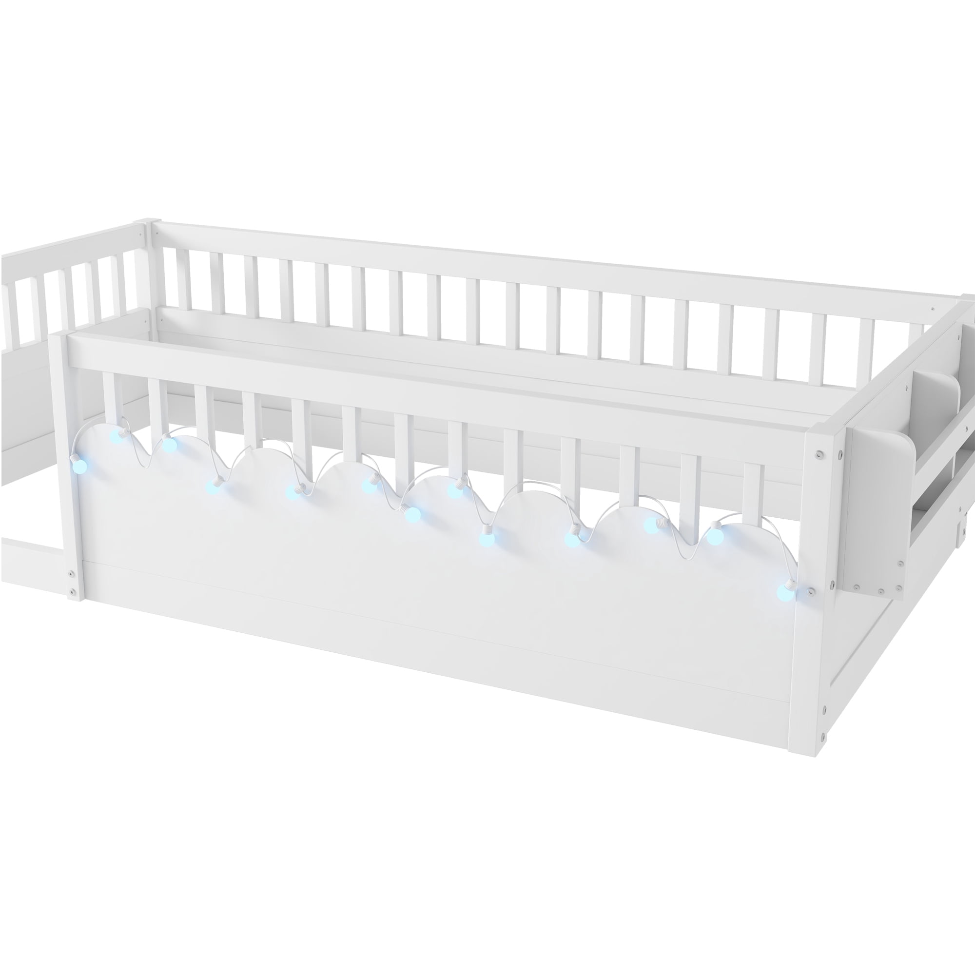 Euroco Wood Twin Size Montessori Floor Bed with Guardrails and LED Light, Kids Bed with Storage Shelves, White