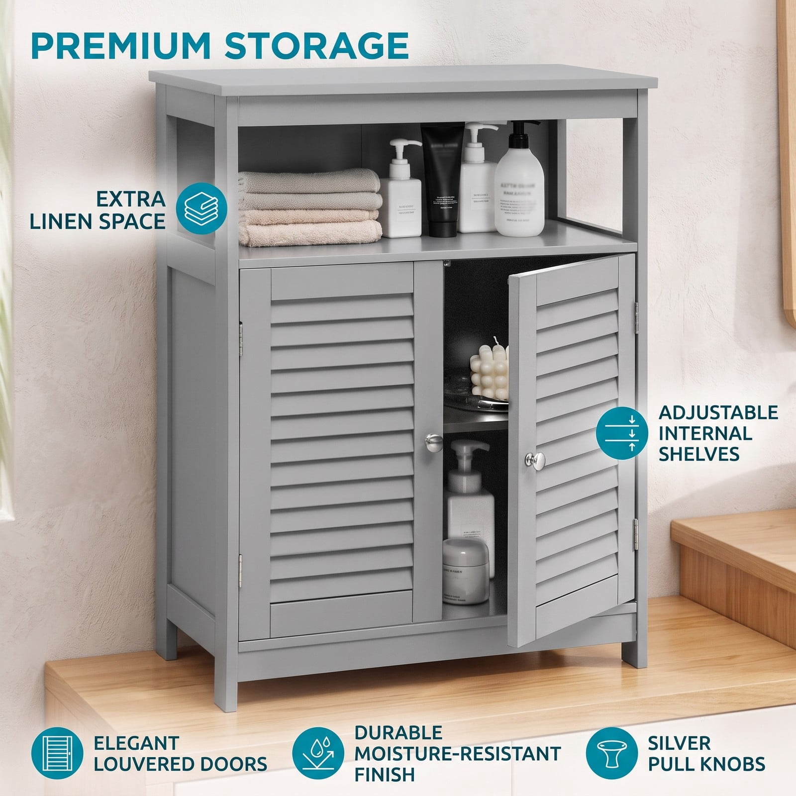 Fenbeli Wood Freestanding Bathroom Storage Cabinet with Double Shutter Doors, Adjustable Shelf, Anti-Tipping Floor Organizer for Bathroom Living Room Bedroom, Gray