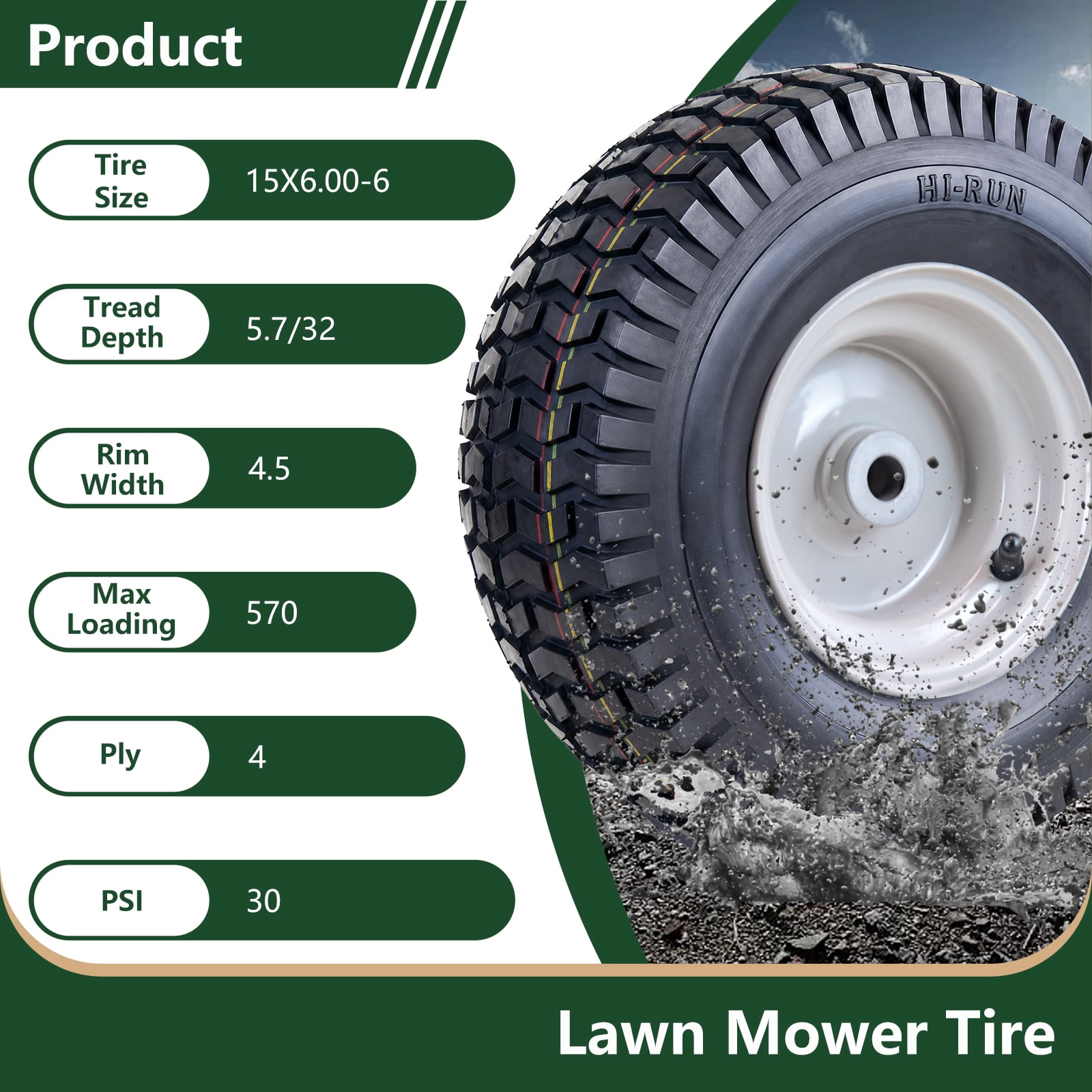 Hi-Run SU12 15X6.00-6 Front 4PR Lawn and Garden Tire & Wheel Assembly