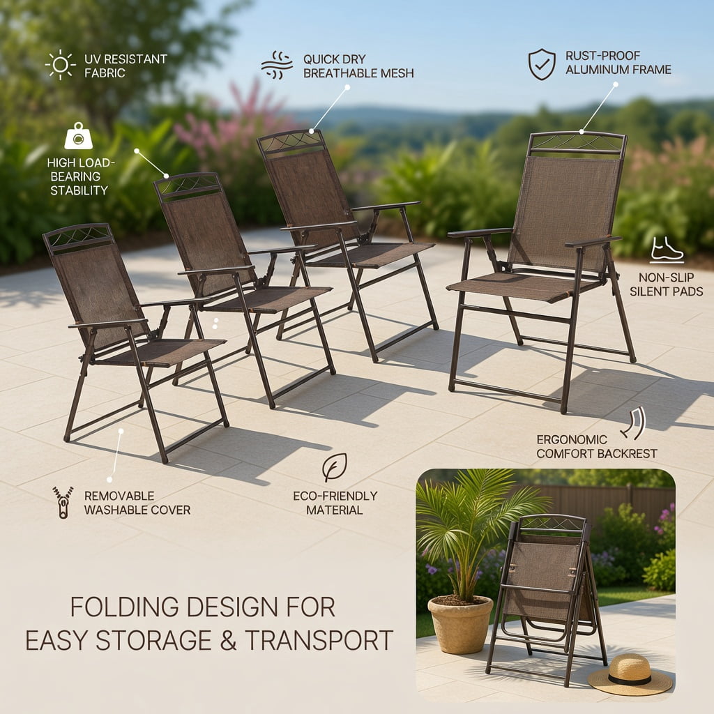 Hommoo 4-Pack Folding Patio Chairs, Steel Frame Sling Chairs with Weather-Resistant Fabric, Compact Lightweight Design for Backyard, Poolside, Balcony & Camping, Brown