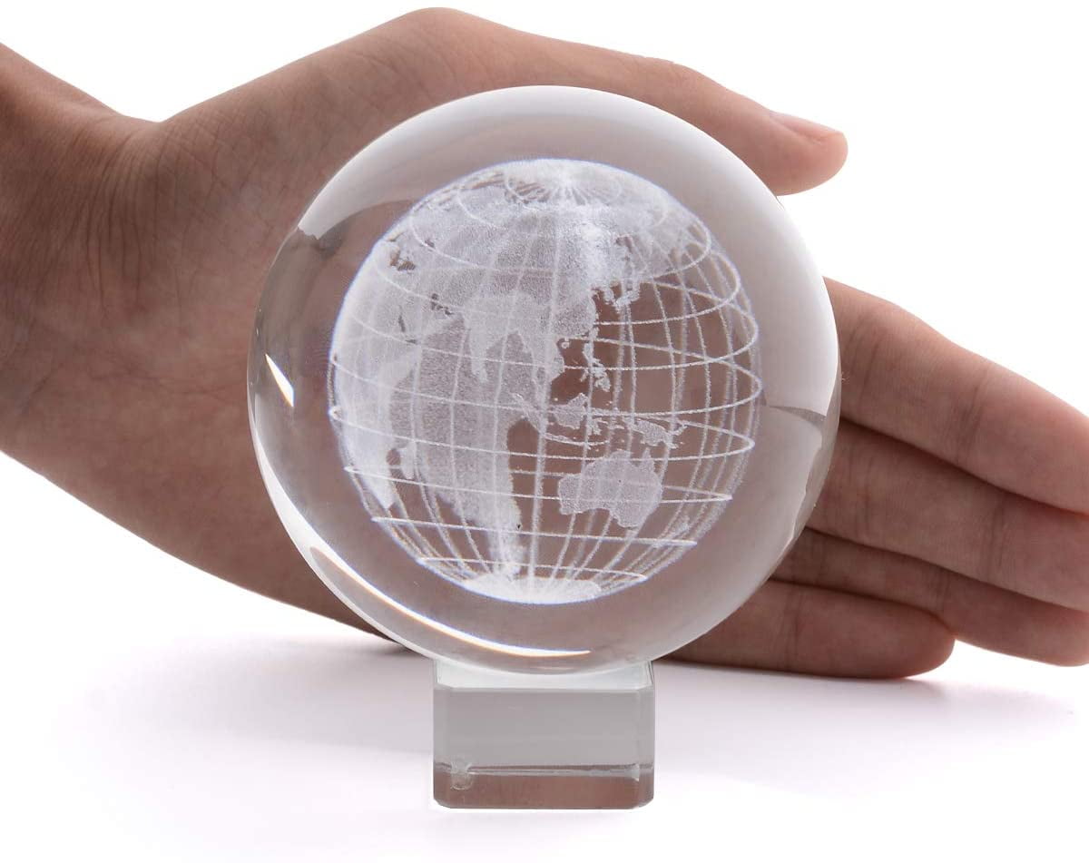 Glass Clear World Earth Globe Etched Crystal World on Stand 100mm Paperweight 