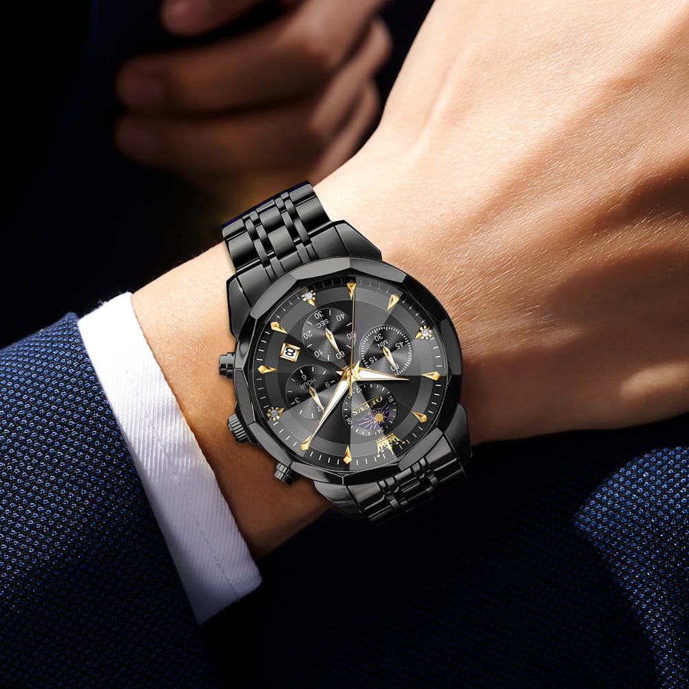 OLEVS Watches For Men Business Dress Luxury Casual Chronograph Multifunction Analog Quartz Stainless Steel Waterproof Luminous Moon Phase Date Men Wrist Watches Reloj Para Hombre Black Dial