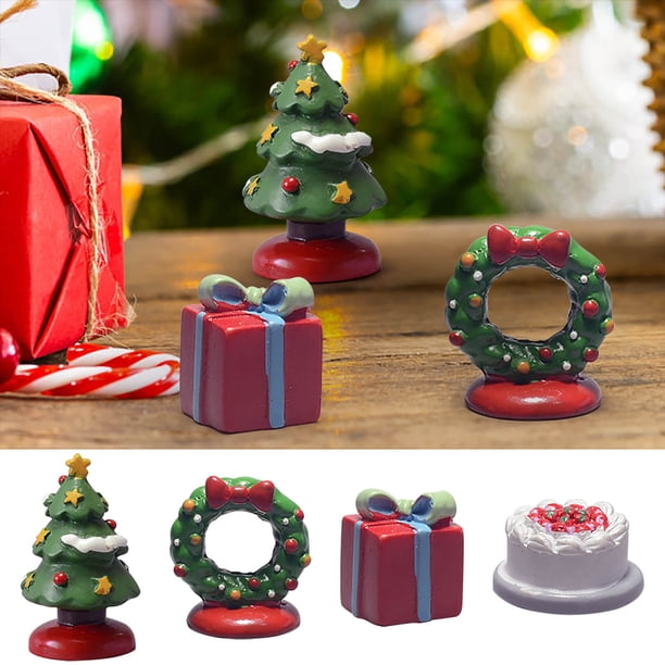 Set de adornos navideños de resina - Pastel en miniatura, caja de regalo, decoración de árbol y corona - Decoraciones navideñas de 4 piezas para la mesa navideña