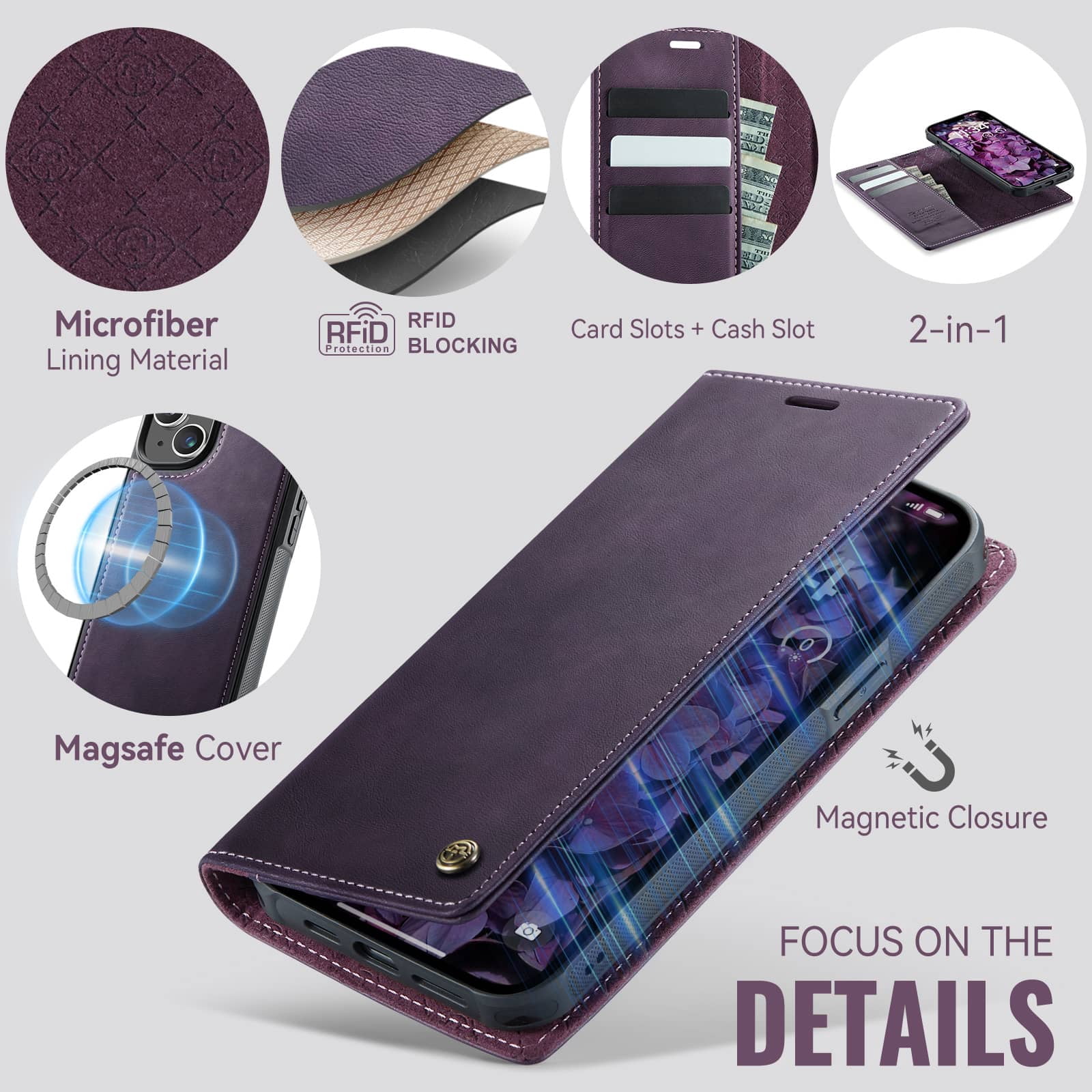 Magnetic 2 in 1 Magsafe Detachable Wallet Case for iPhone 14 with Card Holder Women Men, Retro PU Leather【RFID Blocking】Kickstand Shockproof Cover