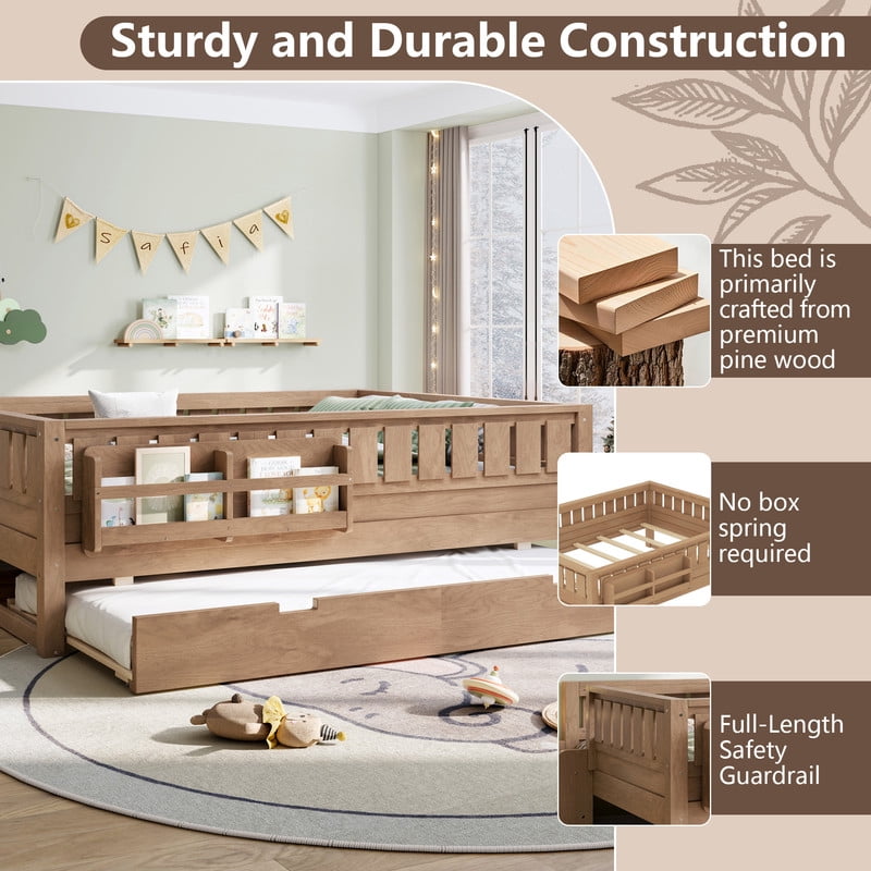 Full Size Low-Profile Kid's Platform Bed with Built-in Bookshelves & Small Staircase, Wooden Bed Frame with Safety Rails & Trundle
