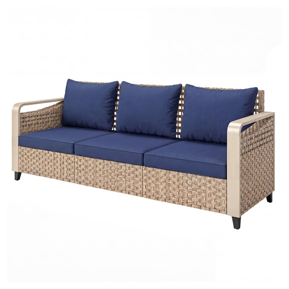 Rattan Wicker Sofa 3-Seater Outdoor Patio Furniture with Cushions Dark Blue