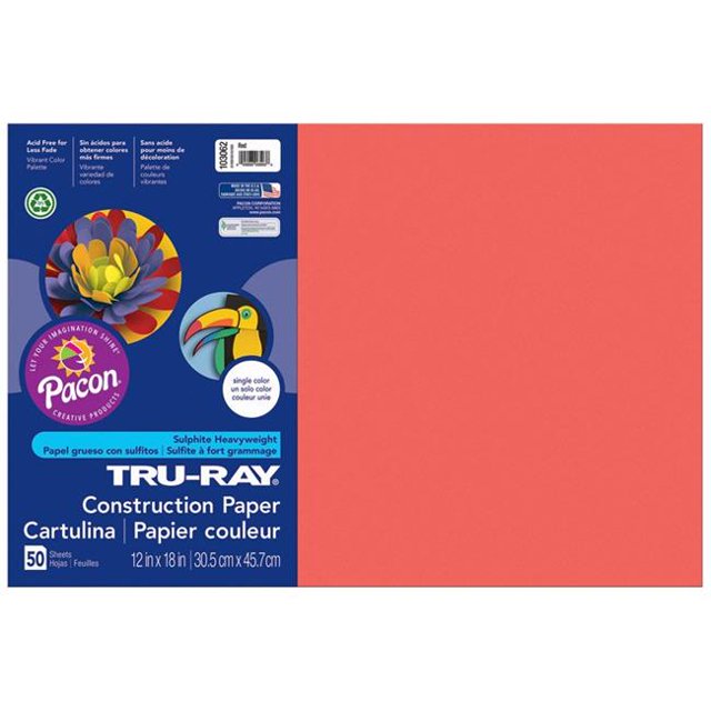 Pacon Tru Ray 12 x 18 in. Red Construction Paper, 5-Color Assortment (50 Sheets)