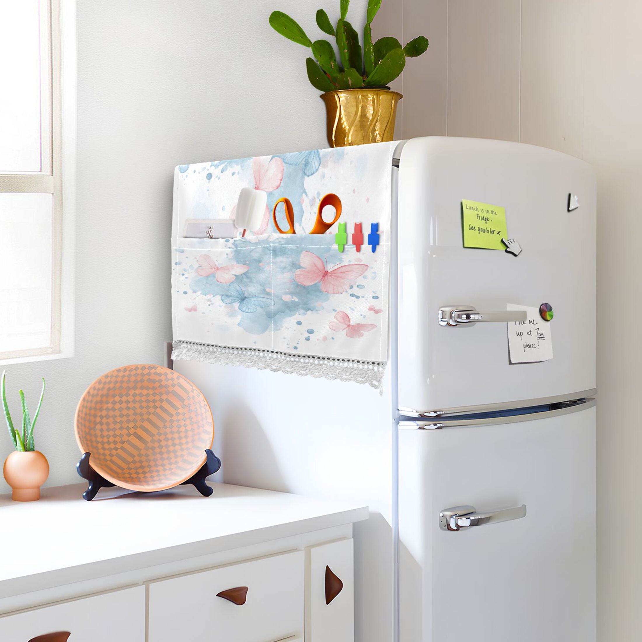 Pink and Blue ButterfliesWasher and Dryer Covers Dust-Proof and Oil Resistant Fridge Cover with 4 Storage Pockets Washing Machine Top Cover for Laundry Kitchen Home 51.2 x 22 In