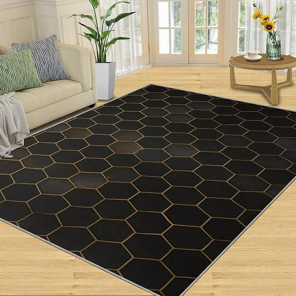 Black And Modern Geometric Rug, Honeycomb Shape Pattern Area Rugs For Living Room, Machine Washable Rug, With Anti-Slip Easy Clean Carpet For Bedroom Dining Room Home Office 3' x 4'