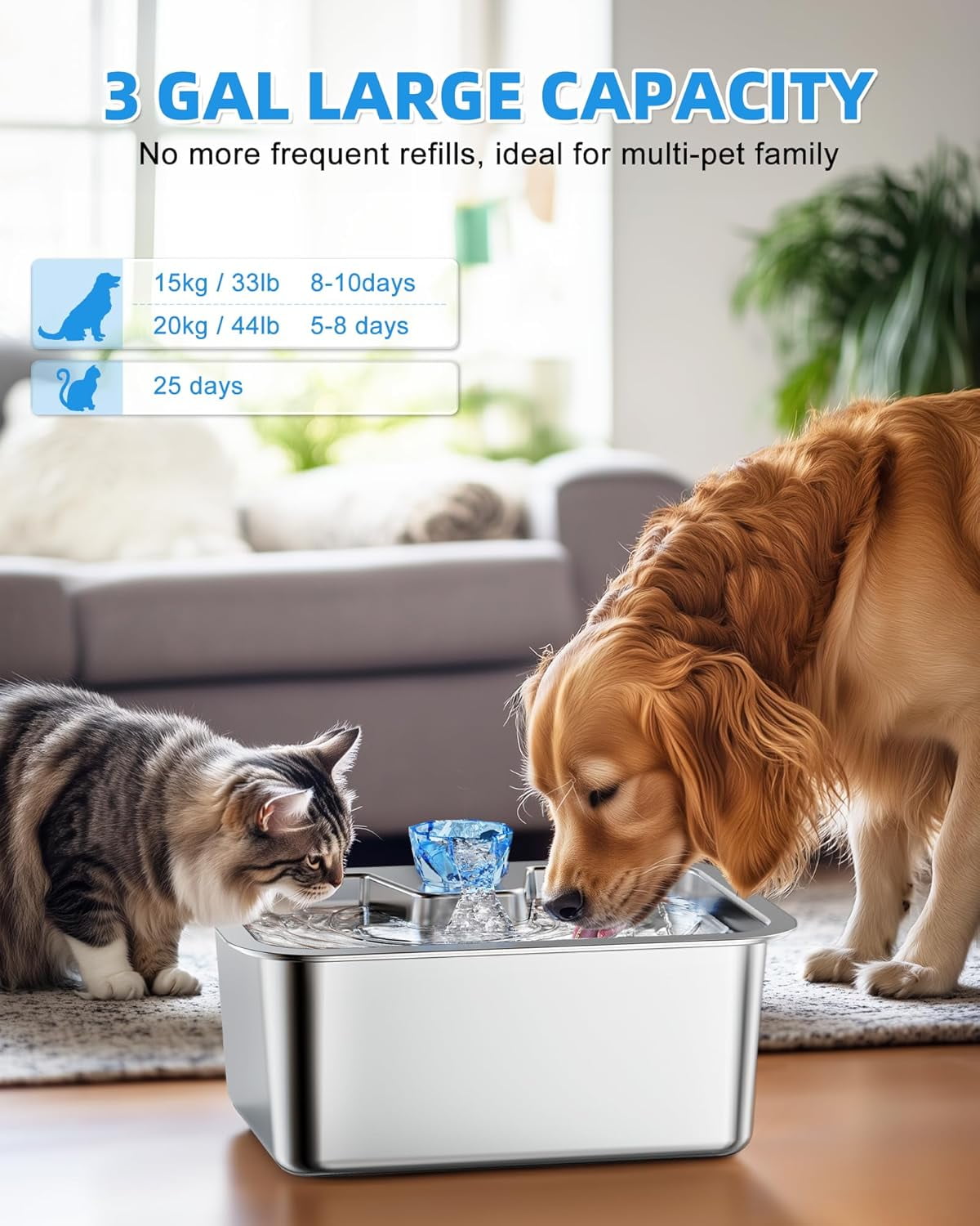 Dog Water Fountain for Large Dogs, 11L/3Galon Stainless Steel Large Pet Water Fountain with 4 Filters, Automatic Dog Water Bowl Dispenser, Ultra-Quiet Pump, Ideal for Multi-Pet Home