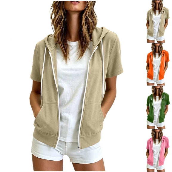 Zxlsdmn Womens Full Zip up Hoodie Fashion Athletic Hoodies Lightweightr Short Sleeve Drawstring Outwear Coat Comfy Solid Color Hooded Sweatshirts with Pocket Green L