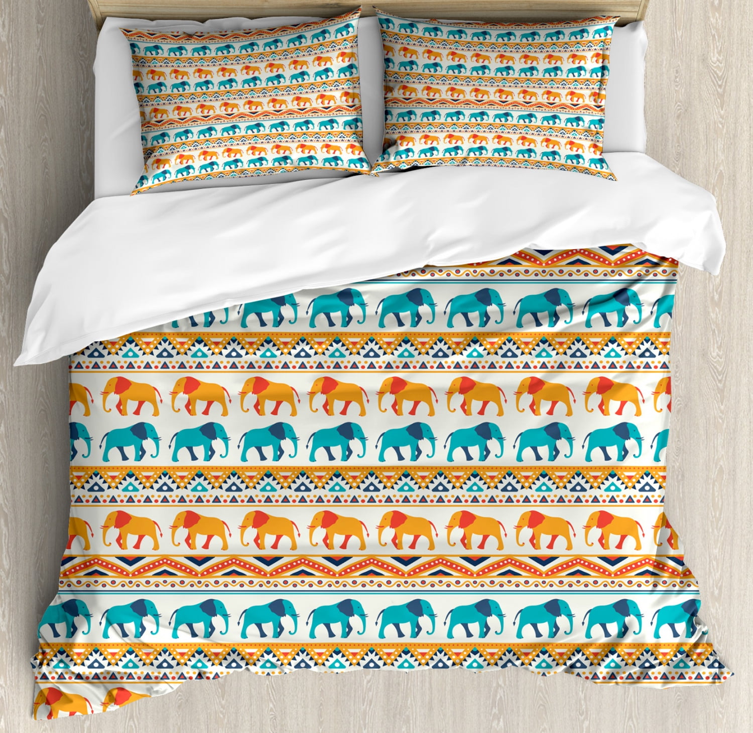 Elephant Duvet Cover Set King Size, Horizontal Borders with Exotic