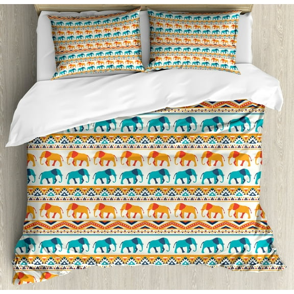 Elephant Duvet Cover Set King Size, Horizontal Borders with Exotic Animals Ethnic Geometric Orient Design, Decorative 3 Piece Bedding Set with 2 Pillow Shams, Turquoise Orange Cream, by Ambesonne