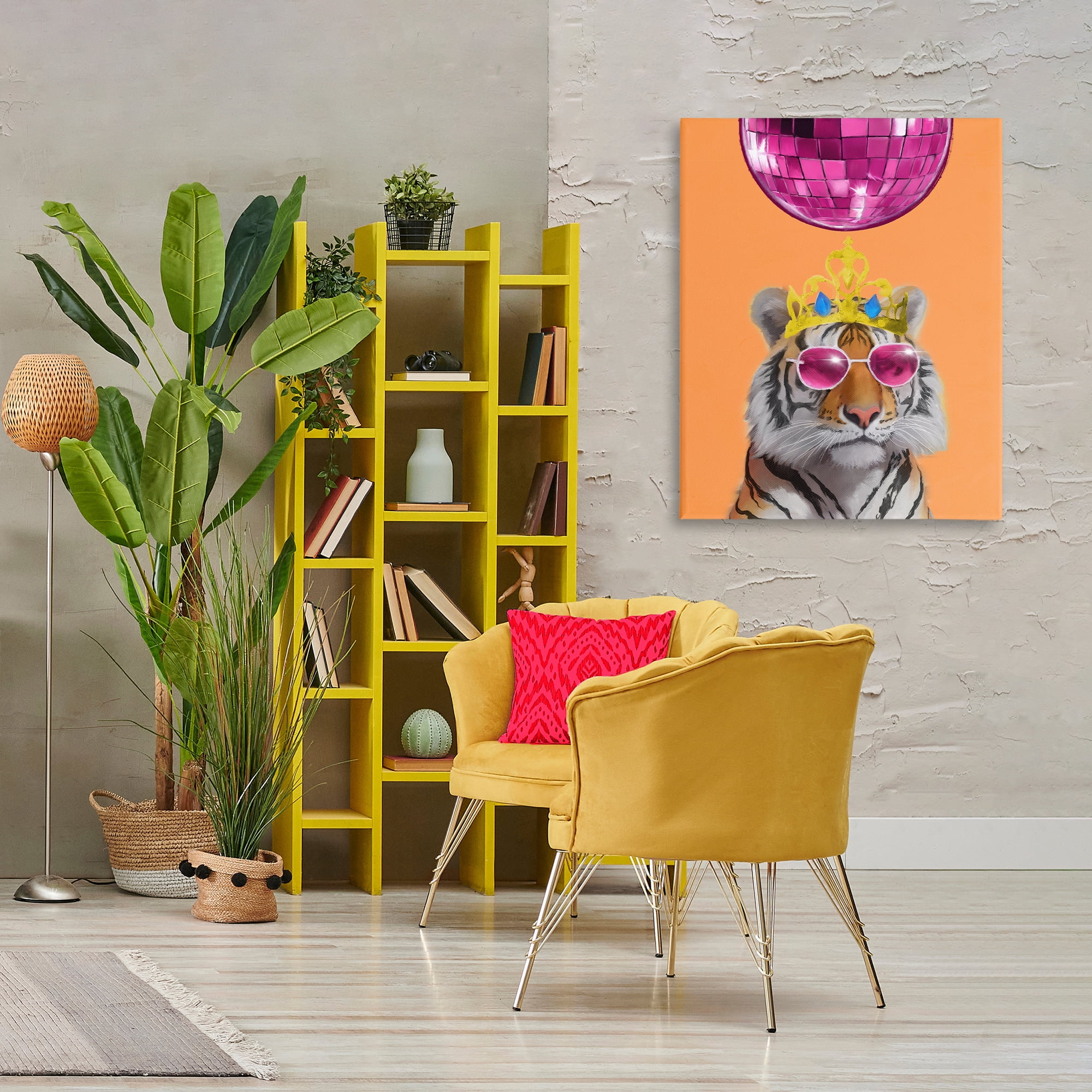 Stupell Industries Disco Tiger with Crown Animals Painting Wrapped Canvas Art Print Wall Art, 30 x 40