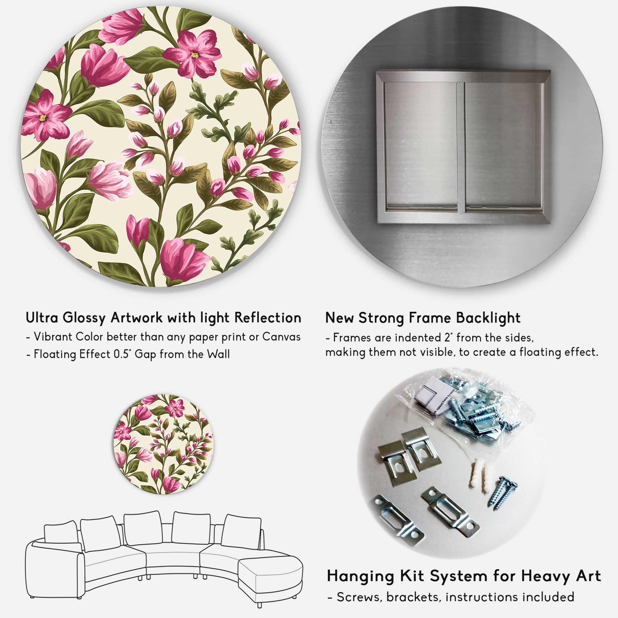 Designart 'Pink Vintage Wildflowers' Traditional Circle Metal Wall Art 29x29 - Disc of 29