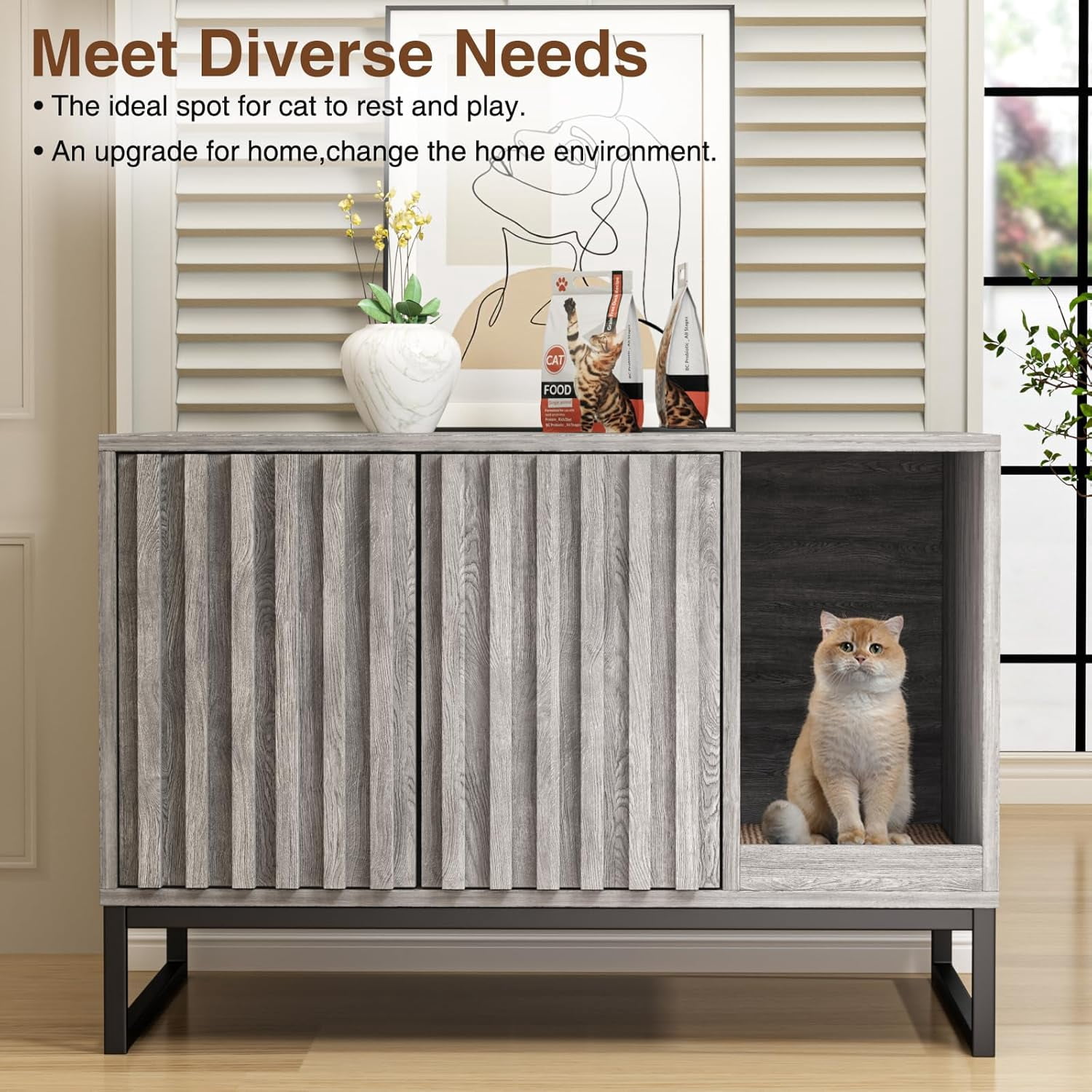 Vabches Hidden Cat Litter Box Enclosure Furniture, Multi-Functional Cat Washroom Bench with Cat Scratching Pad and Fluted Doors