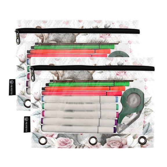 Ckdifva Gray Squirrel Pencil Pouch 3 Ring Zipper Pencil Case Binder Pockets Clear Top Cosmetic Bag 2 Pack