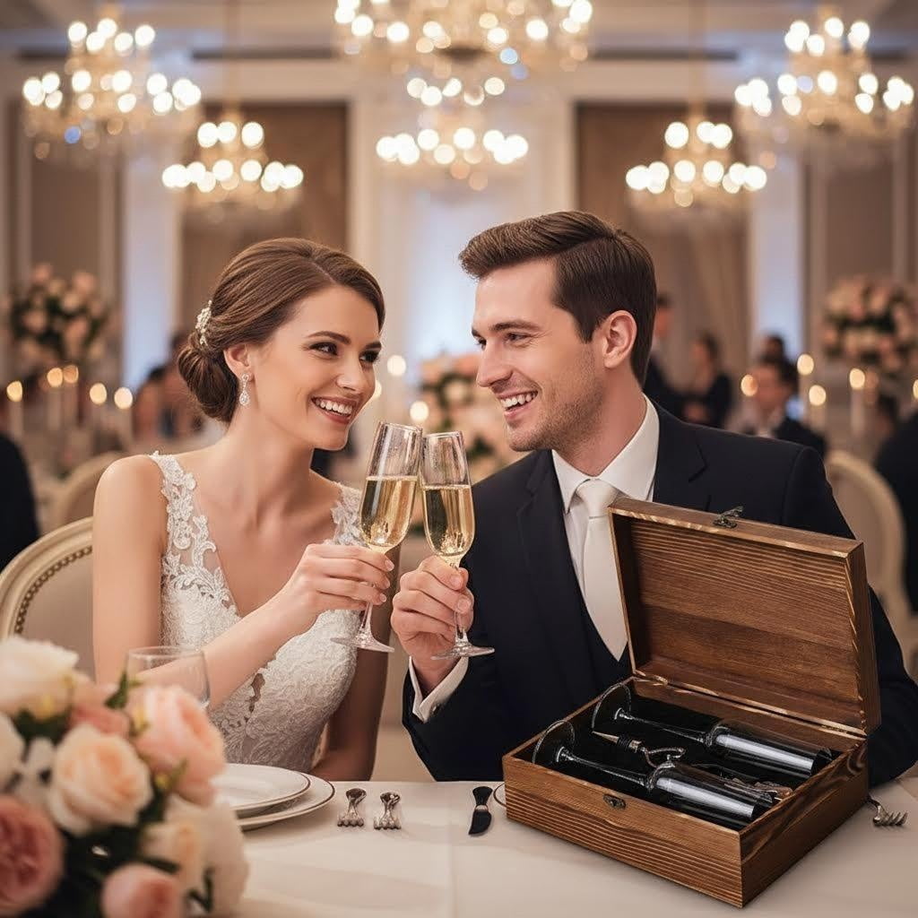 Champagne Flutes Gift Set of 2 with Rustic Wooden Keepsake Box - 8oz Crystal Toasting Glasses, Heart-Shaped Stopper & Corkscrew - Luxury Wedding, Anniversary & Engagement Gifts for Couples