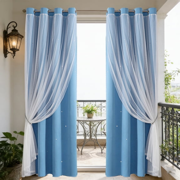 84x52in Double Layer Star Lace Curtains, 2-in-1 Sheer with Blackout Liner, Thermal Insulated Window Curtains for Bedroom Living Room Home Decor Blue
