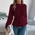 thumbnail image 6 of gbyLJF Womens Knitted Sweaters Casual Long Sleeve Round Neck Pullover Blouse Solid Color Waist-cinching Ruffled Sweater, 6 of 7