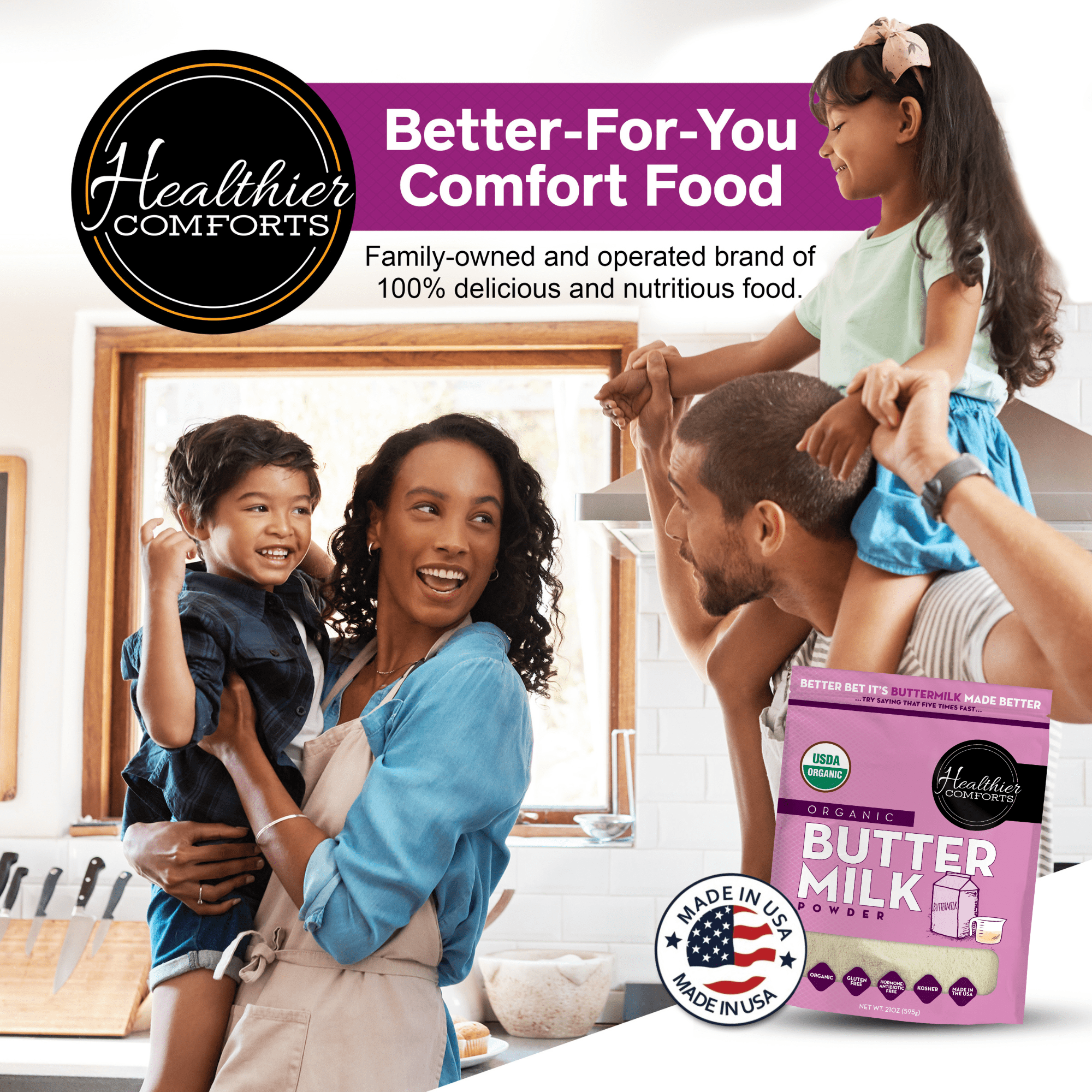 Healthier Comforts Organic Buttermilk Powder 21oz | USDA Certified, Kosher, Gluten Free, Non-GMO | Baking Supplies, Biscuits & Gravy, Mini Pancakes