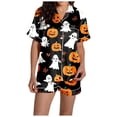 thumbnail image 5 of Halloween Silk Pajamas Women Pajama Set for Women Silk Satin Short Sleeve Button Up Top and Shorts with Halloween Print for Cozy Sleepwear and Elegant Dark Gray S, 5 of 7