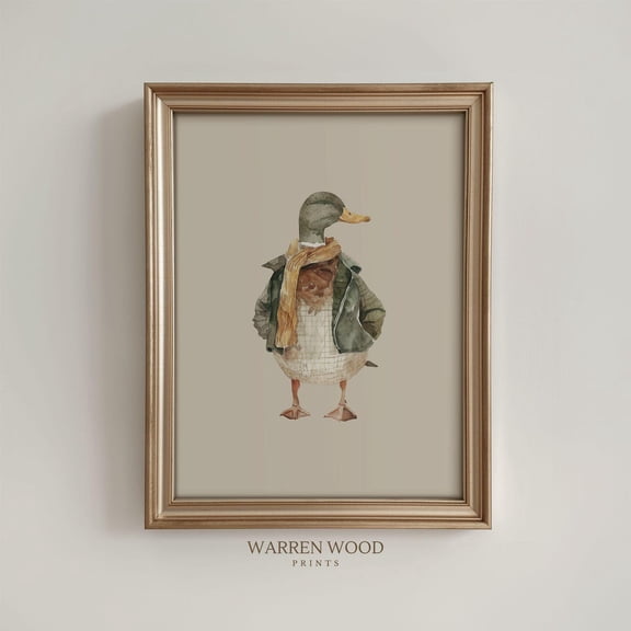 Vintage Duck In Jacket Print, Neutral Wall Art, Sage Green Animal Rustic Portrait, Duck In Clothing Art UNFRAMED Poster, Wall Art for Decor, Present, 8x12