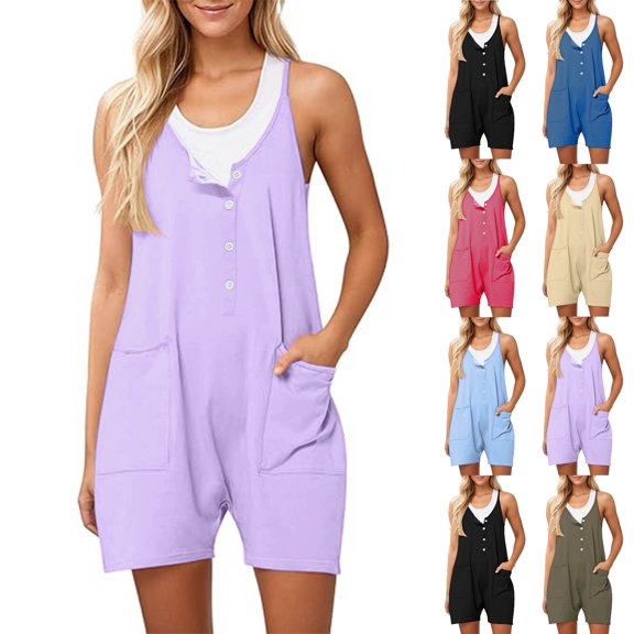 Tumotour Summer Rompers for Women's Casual Beach Overalls Sleeveless Suspenders Spaghetti Strap Jumpsuits Shorts with Pockets